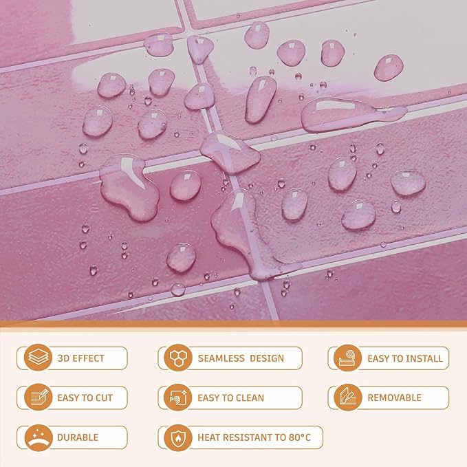 CRE8TIVE 16 Sheets Pink Straight Linear Backsplash Tile for Kitchen Peel and Stick Backsplash for Bathroom Shower Tile Waterproof Renter Friendly Back Splash Stick on Wall Tiles for Fireplace 12"x12"