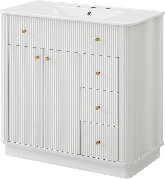T4TREAM 36 Inch Bathroom Vanity with Sink, Modern Fluted Single Bathroom Vanity with Sink with Storage Cabinet, Adjustable Shelf and 3 Small Drawers, Solid White
