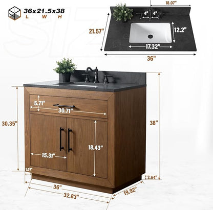 Vanity Art 36 inch Bathroom Vanity with Single Sink, Modern Wood Bath Vanity with Black Marble Top, Vanity Cabinet with Doors, Removable Shelf, Solid Wood Frame, Ceramic Sink, Tan VA7036B