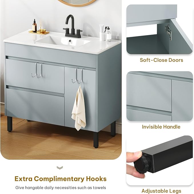 YITAHOME 36 Inch Bathroom Vanity with Sink | Bathroom Cabinet Vanity for Media Space, Freestanding Storage Bathroom Vanity with 1 Soft Closing Cabinet & 2 Drawers