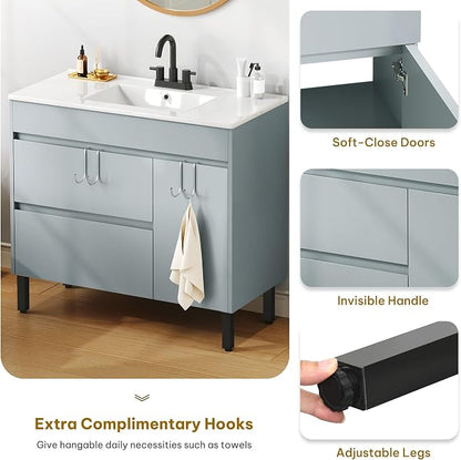 YITAHOME 36 Inch Bathroom Vanity with Sink | Bathroom Cabinet Vanity for Media Space, Freestanding Storage Bathroom Vanity with 1 Soft Closing Cabinet & 2 Drawers