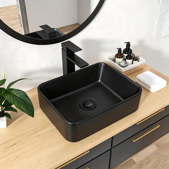 16"x12" Vessel Sink Rectangle - Modern Above Matte Black Porcelain Ceramic Bathroom Vessel Vanity Sink Bowl Art Basin