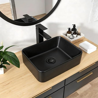 16"x12" Vessel Sink Rectangle - Modern Above Matte Black Porcelain Ceramic Bathroom Vessel Vanity Sink Bowl Art Basin
