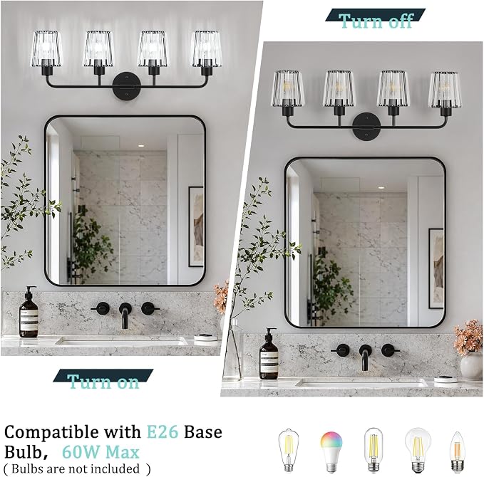 Black Vanity Lights, 4-Light Crystal Bathroom Light Fixtures | Modern Bathroom Vanity Light E26 Wall Light over Mirror (Exclude Bulb)