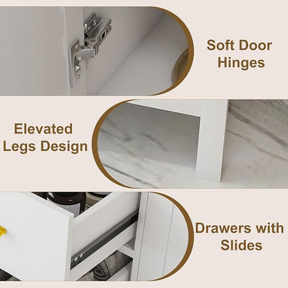 60 Inch Bathroom Vanity with Sink&Countertop,Carrara White Quartz Counter Top with Sink&Backsplash,White Bathroom Cabinet Set with 2 Doors and 9 Drawer(Three Holes)