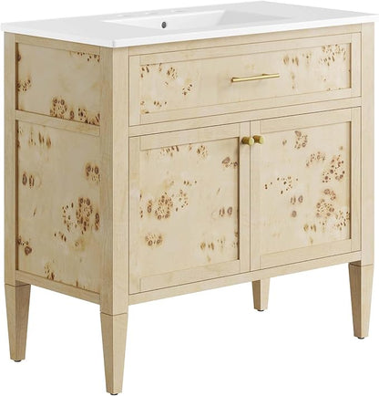 Modway Elysian 36" Wood Bathroom Vanity in White Burl with Ceramic Sink Basin