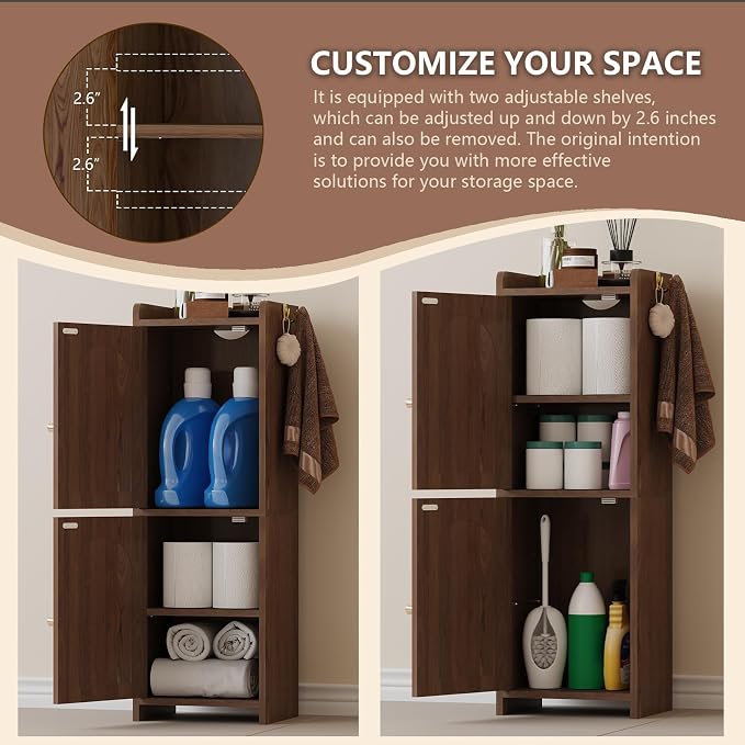 Arbuxzuy Small Bathroom Storage Cabinet with 2 Doors and Adjustable Shelf | Brown Corner Floor Cabinet, Narrow Toilet Paper Cabinets with 2Hooks,Toilet Organizer for Small Spaces, 7.87"D*9.84"W*29.72"H
