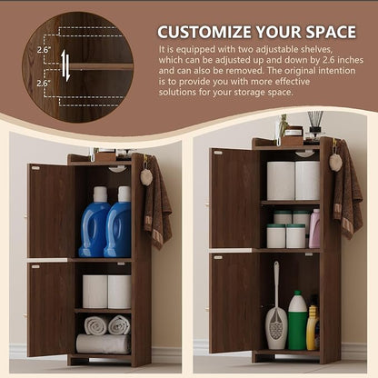 Arbuxzuy Small Bathroom Storage Cabinet with 2 Doors and Adjustable Shelf | Brown Corner Floor Cabinet, Narrow Toilet Paper Cabinets with 2Hooks,Toilet Organizer for Small Spaces, 7.87"D*9.84"W*29.72"H