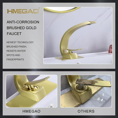Brushed Gold Bathroom Faucet,Modern Single Hole Bathroom Sink Faucet,High Arc Brass Basin Mixer with 1 Hole or 3 Hole Mount 6-Inch 10-Inch Deckplate,Pop Up Overflow Drain Assembly Included