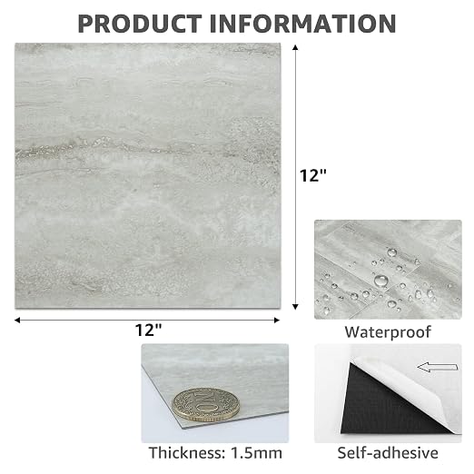 Art3dwallpanels Peel and Stick Floor Tile 30-Pack 12x12 inch Beige Marble | Self Adhesive, Waterproof Vinyl Flooring, Marble Pattern, for Kitchen, Dining Room, Bedrooms, Cover 30 Sq. Ft