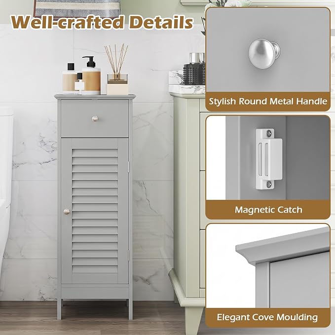 GIANTEX Bathroom Floor Storage Cabinet with Door and Drawer, Grey | Freestanding Side Cabinet with 3-Height Adjustable Shelf, Slim Cupboard, Storage Organizer Cabinet for Bedroom Living Room