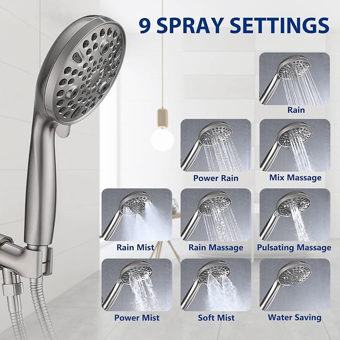 High Pressure 10-Setting Handheld Shower Head, 5" Detachable Shower Spray, 79" Extra Long Stainless Steel Hose, Adjustable Bracket - Brushed Nickel