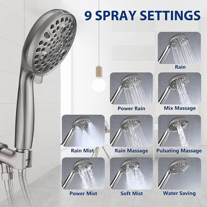 High Pressure 10-Setting Handheld Shower Head, 5" Detachable Shower Spray, 79" Extra Long Stainless Steel Hose, Adjustable Bracket - Brushed Nickel
