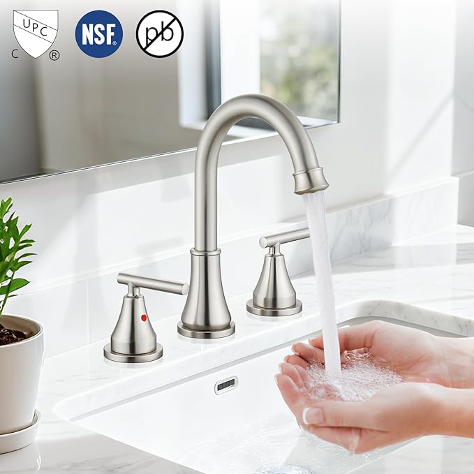 Widespread Bathroom Faucet 3 Hole, 8 inch Bathroom Sink Faucet with Pop-up Drain and Supply Lines, Two Handles, Stainless Steel, Brushed Nickel