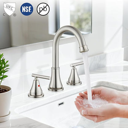 Widespread Bathroom Faucet 3 Hole, 8 inch Bathroom Sink Faucet with Pop-up Drain and Supply Lines, Two Handles, Stainless Steel, Brushed Nickel