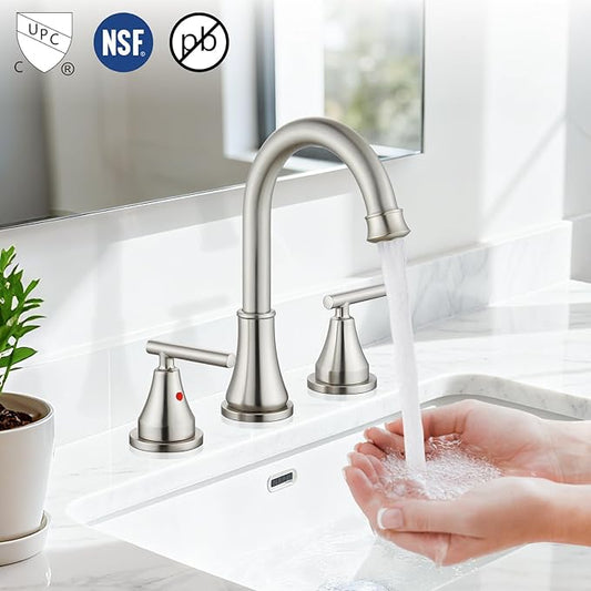 Widespread Bathroom Faucet 3 Hole, 8 inch Bathroom Sink Faucet with Pop-up Drain and Supply Lines, Two Handles, Stainless Steel, Brushed Nickel