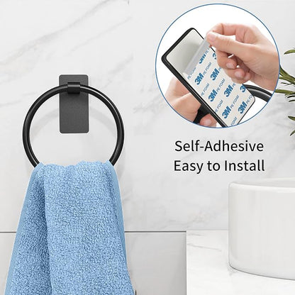 STWWO Black Hand Towel Holder for Bathroom, Adhesive Towel Rings, 2 Pack | Self Adhesive Round Towel Holder for Bath RV Kitchen, No Drill Hole