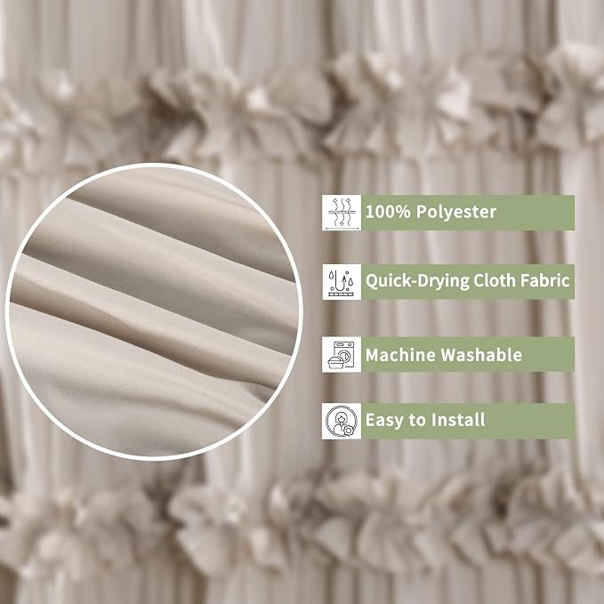 Camel Ruffle Shower Curtain 60" x 72" with 10 Buttonholes | Ruched Microfiber Vintage Handcrafted Bow Tie, Stall Size Victorian Bath Curtain, Machine Washable and Dry Quickly (LQ-10)