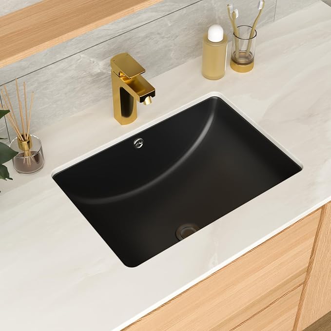 Undermount Bathroom Sink 20 x 14 inch Black Vessel Sink Rectangular Modern Ceramic Rectangle Vanity Art Basin with Overflow