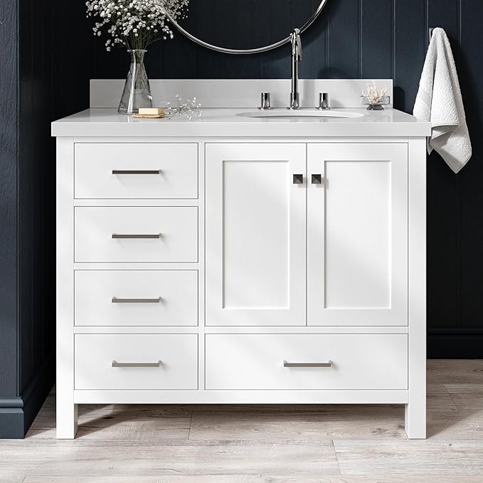 ARIEL Cambridge 42-inch Bathroom Vanity with Sink,Solid Wood, 1.5-inch Pure White Quartz Countertop & Backsplash, Single Oval Porcelain Sink, 2 Soft Closing Doors, 5 Dovetail Drawers, White