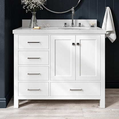 ARIEL Cambridge 42-inch Bathroom Vanity with Sink,Solid Wood, 1.5-inch Pure White Quartz Countertop & Backsplash, Single Oval Porcelain Sink, 2 Soft Closing Doors, 5 Dovetail Drawers, White