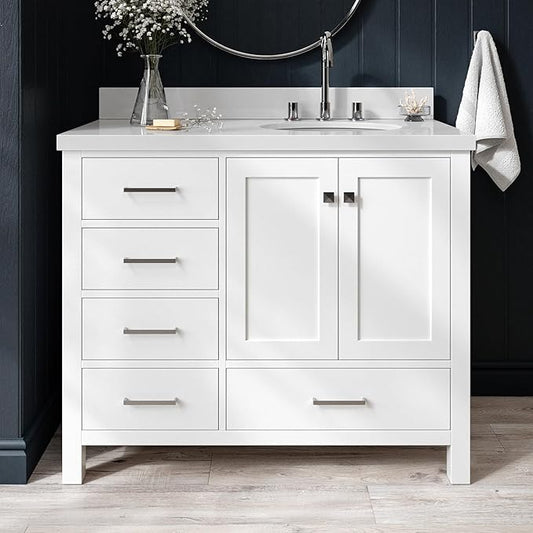 ARIEL Cambridge 42-inch Bathroom Vanity with Sink,Solid Wood, 1.5-inch Pure White Quartz Countertop & Backsplash, Single Oval Porcelain Sink, 2 Soft Closing Doors, 5 Dovetail Drawers, White