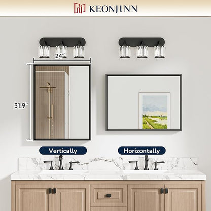 Keonjinn 24 x 32 Inch Matte Black Bathroom Mirror, Aluminum Metal Frame | Rectangular Mirror for Wall, Black Bathroom Vanity Mirror for Over Sink, HD Tempered Glass, Square Corner, Farmhouse Style