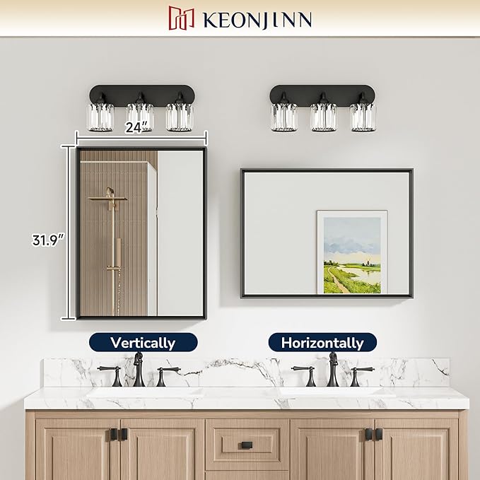 Keonjinn 24 x 32 Inch Brushed Nickel Bathroom Mirror, Aluminum Metal Frame | Rectangular Mirror for Wall, Farmhouse Bathroom Vanity Mirror for Over Sink, Beveled Frame, HD Tempered Glass, Square Corner