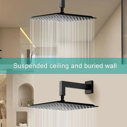 Square Rain Shower Head, High Flow Stainless Steel,Work with any decorative style，All Metal Rainfall Shower Head (Matte Black, 12)