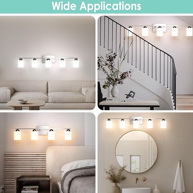 Quntis 4 Light Brushed Nickel Bathroom Light Fixtures, Modern Vanity Lights Over Mirror with 5 Colors & Stepless Dimmable, 27 Inch LED Bathroom Lighting with Milk White Frosted Glass (Bulbs Included)