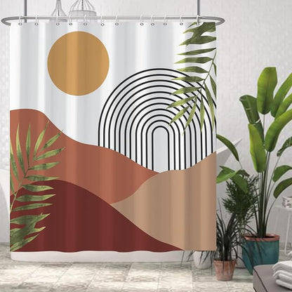 AWERT Boho Shower Curtain with Hooks Arch Sun Rainbow Green Leaves Mid Century Shower Curtain for Bathroom Washable Bathroom Accessories Bathtub Decor 72x72inch