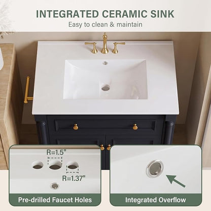 YESHOMY 30" Bathroom Vanity with Sink, Bathroom Storage Cabinet | Bathroom Vanity, Solid Wood, Integrated Ceramic Basin, 1 Flip-Down Drawer, 2 Doors & Adjustable Shelf, Dark Blue