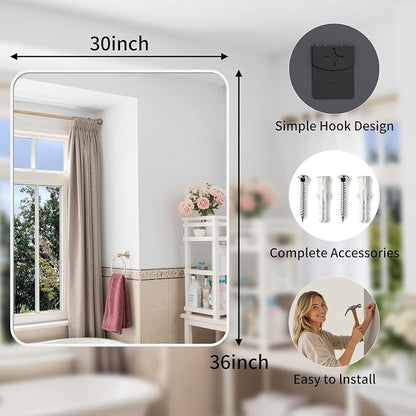Bathroom Mirror for Wall, 30"x36" Black Bathroom Mirror for Over Sink, Shatterproof Tempered Glass Vanity Mirror with Anti-Rust Aluminum Alloy Frame, Hang Horizontally or Vertically, White