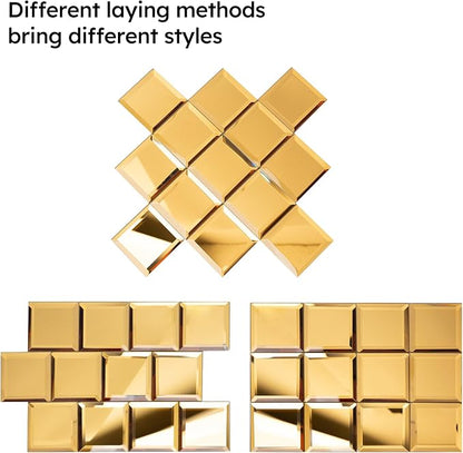 Peel and Stick Mirror Backsplash, Gold, 3x3 Inch, Beveled Mirror Square Kitchen Bar Wall Tile (2 Sq.ft, 32 Pcs)