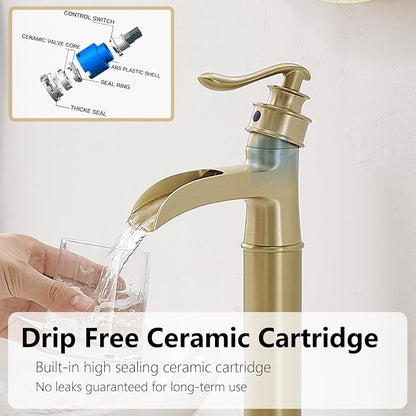 Bathroom Vessel Sink Faucet Waterfall Single Handle Single Hole | Brushed Gold,Brass,Pop Up Drain without Overflow,Supply Line,Easy to Clean,Easy Installation,Rust Resistant,Minimalist Design