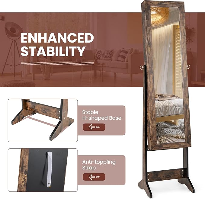 MAT EXPERT Jewelry Armoire Cabinet w/Full-Length Mirror, Jewelry Organizer Standing Mirror w/ 4 Shelves, 3 Adjustable Angles, Anti-toppling, Jewelry Cabinet for Bedroom, Living Room, Rustic Brown