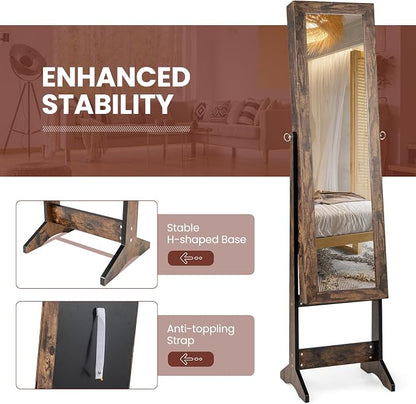 MAT EXPERT Jewelry Armoire Cabinet w/Full-Length Mirror, Jewelry Organizer Standing Mirror w/ 4 Shelves, 3 Adjustable Angles, Anti-toppling, Jewelry Cabinet for Bedroom, Living Room, Rustic Brown
