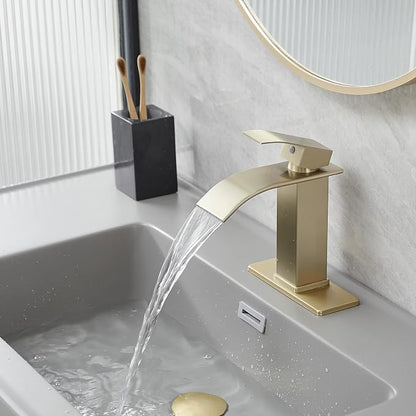 Gold Waterfall Bathroom Faucet Single Hole Single Handle | SUS 304 Stainless Steel,with Pop Up Drain Assembly & Deck Plate,Lavatory Rv Vanity Mixer Tap,3/8" Supply Hoses,Deck Mount