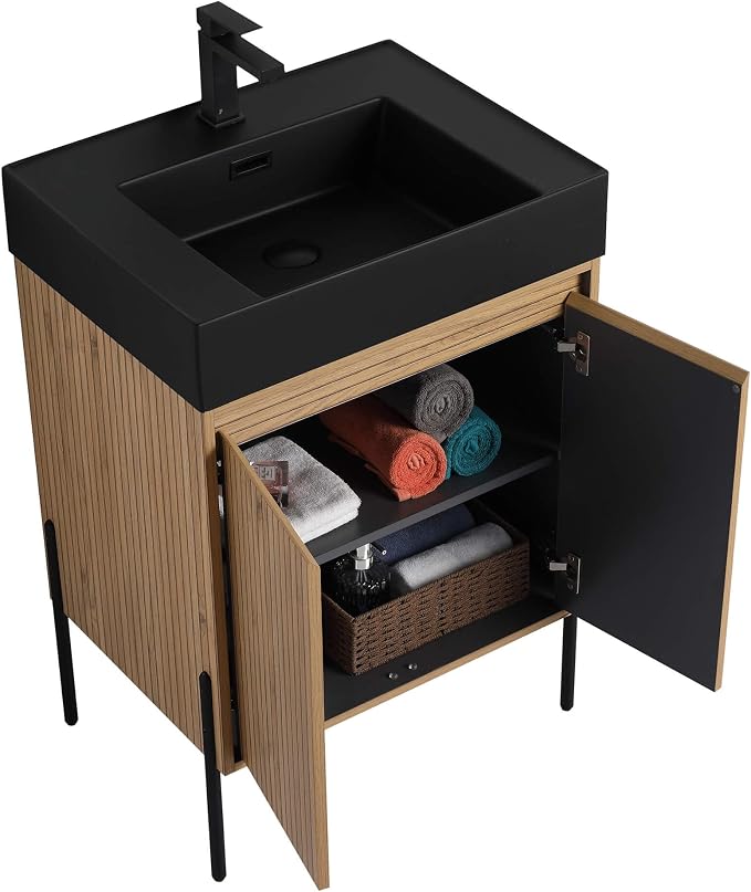 Crownpoint 24 Inch Bathroom Vanity with Sink, Black Sink, Bright Oak Finish, Full Assembly Required, Elegant Bathroom Vanities for Modern Homes