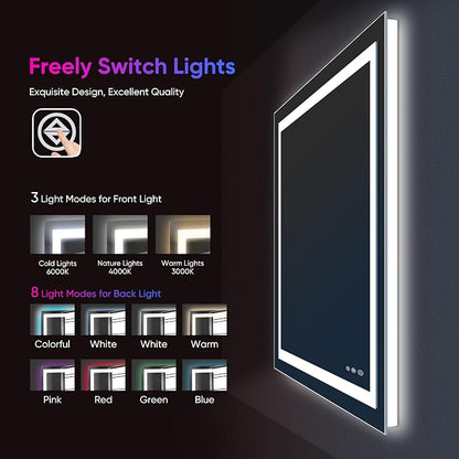Antok 60x28 LED Bathroom Mirror with Lights, Backlit + Front Lit Vanity Mirror with CRI>90, Dimmable Anti-Fog Smart Mirror with Memory Function, 11 Color Temperatures, Shatterproof Tempered Glass, ETL