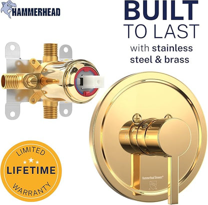 HammerHead Showers Solid Metal Single-Handle Trim Kit with Rough-In Shower Valve, Volume and Temperature Control, Pressure Balance, Polished Brass