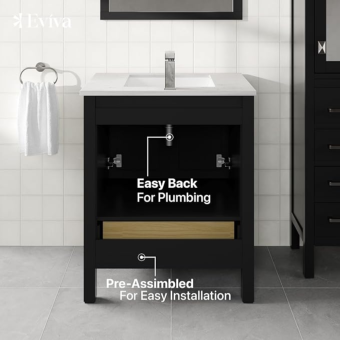 Eviva London 30 Inch Espresso Bathroom Vanity with Carrara Quartz Top