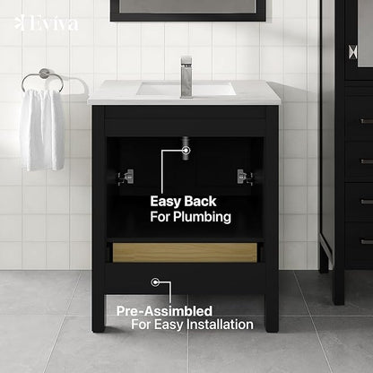 Eviva London 30 Inch Espresso Bathroom Vanity with Carrara Quartz Top