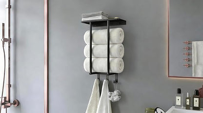 Towel Racks for Bathroom, Bathroom Towel Rack Wall Mounted with Metal Shelf and 3 Hooks for Small Bathroom, Black