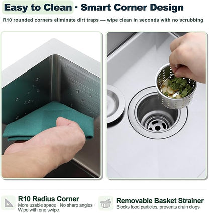 25x18 Inch Kitchen Sink, 304 Stainless Steel Drop in Sink | Right Offset Drain, 9" Deep Single Bowl Kitchen Sinks, Brushed(Inclued Bottom Grid & Drain Strainer )