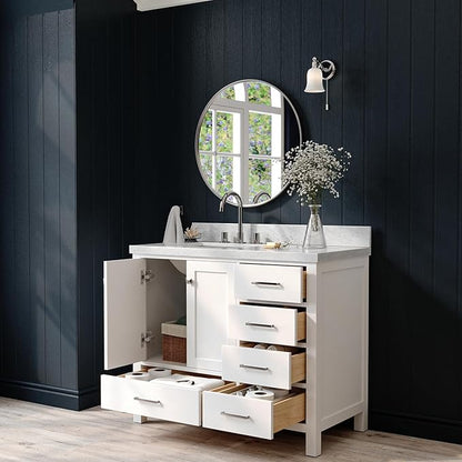 ARIEL Cambridge 42-inch Bathroom Vanity with Sink,Solid Wood, 1.5-inch Italian Carrara Marble Countertop, Single Rectangular Porcelain Sink, 2 Soft Closing Doors, 5 Dovetail Drawers, White