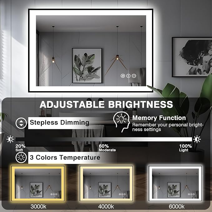EchosLife 44x32 Bathroom Mirror with LED Lights - Black Framed | Black Frame, Front and Backlit, Anti-Fog, Stepless Dimmable, 3 Colors, Memory, Tempered Glass, UL Listed, Horizontal/Vertical