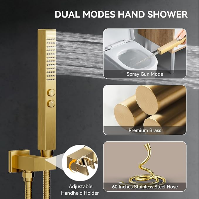 Brushed Gold Shower System with Body Jets, Bostingner 4 Way Shower Faucet Set with 2 in1 Handheld,Ceiling Mount 12 Inch Shower Head with 6 Inch Shower Head,4Pcs Body Jets With Dual Head Shower Set