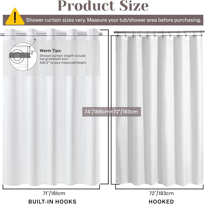 SORTTO No Hook Slub Shower Curtain with Liner, 71x74, White | Snap in Liner, 3 in 1, Bamboo Texture, Hotel Style, Waterproof Fabric, Mesh Top Window, Corner Magnets, Machine Washable
