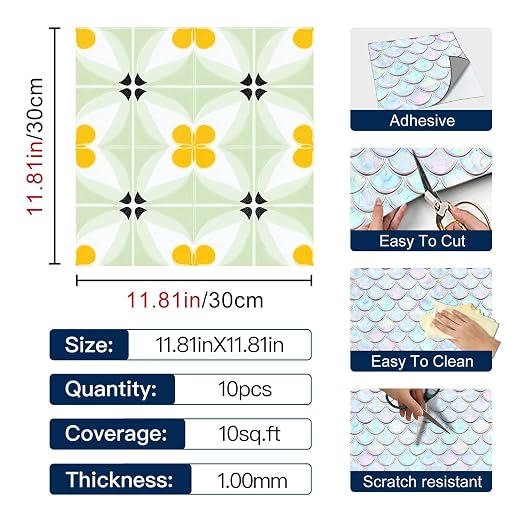 Yellow Flower Geometric Peel and Stick Floor Tiles 12x12 Inch 10PCS | Yellow flower and pale green geometric pattern vinyl floor stickers for kitchen bathroom entryway and indoor home decor